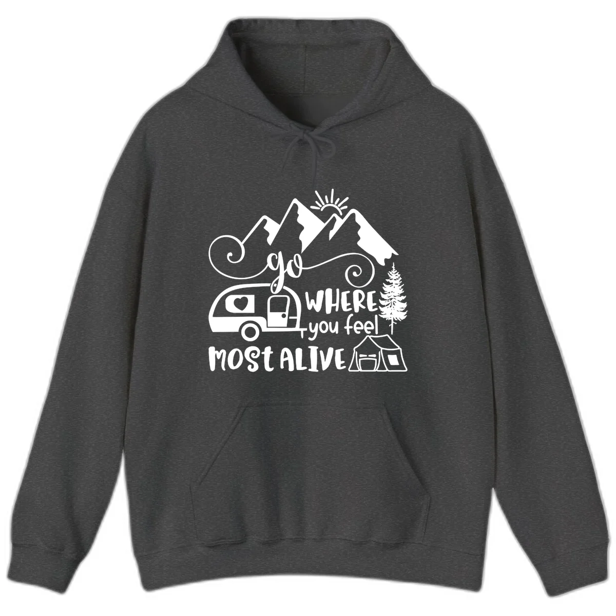Line art design with mountains, camper van, tent and pine tree with text 'go where you feel most alive' celebrating nomadic camping lifestyle in Dark Heather