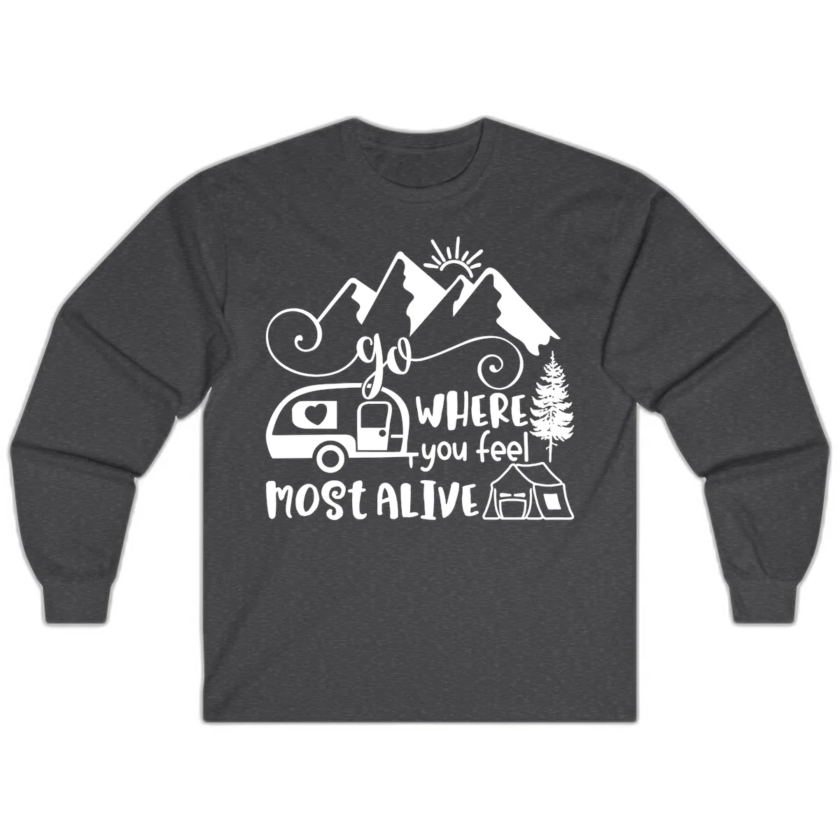 Line art design with mountains, camper van, tent and pine tree with text 'go where you feel most alive' celebrating nomadic camping lifestyle in Dark Heather