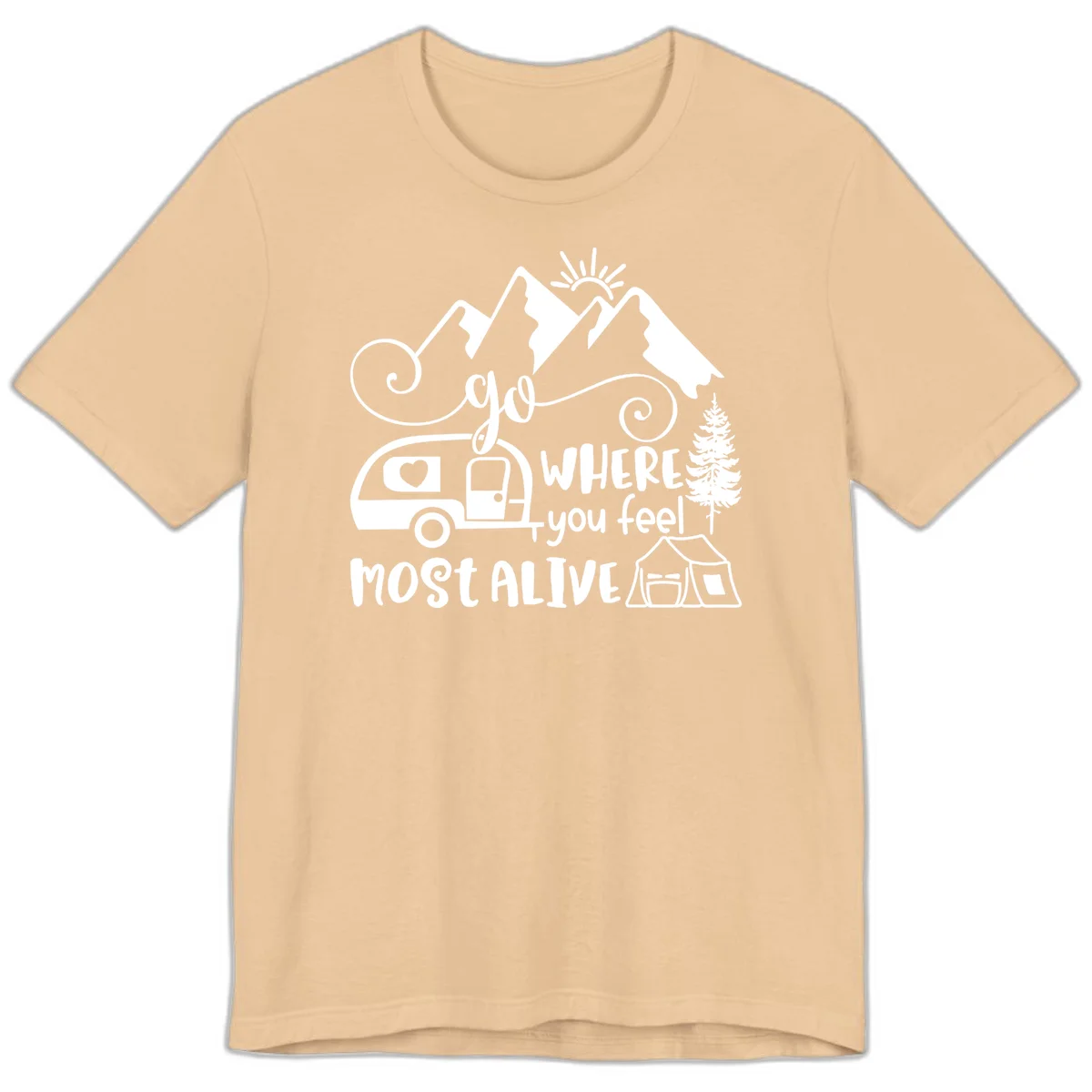 Line art design with mountains, camper van, tent and pine tree with text 'go where you feel most alive' celebrating nomadic camping lifestyle in Sand Dune