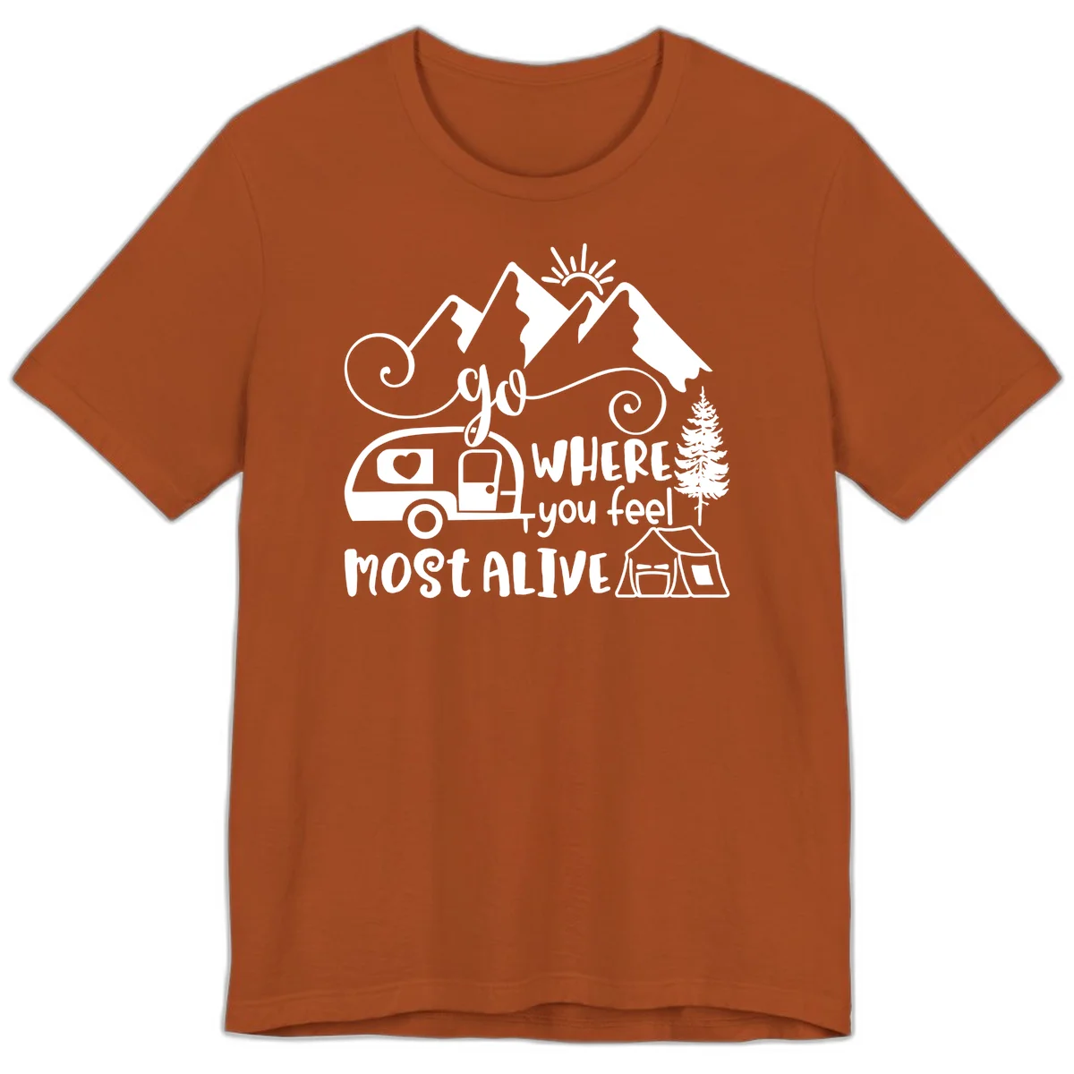 Line art design with mountains, camper van, tent and pine tree with text 'go where you feel most alive' celebrating nomadic camping lifestyle in Autumn