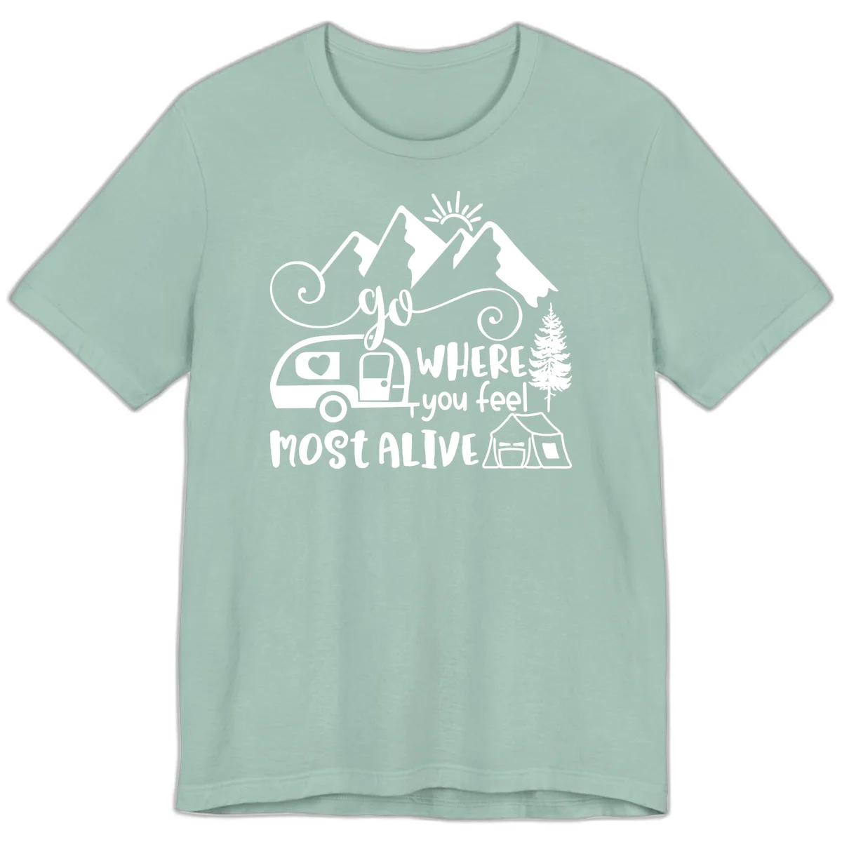 Line art design with mountains, camper van, tent and pine tree with text 'go where you feel most alive' celebrating nomadic camping lifestyle in Dusty Blue