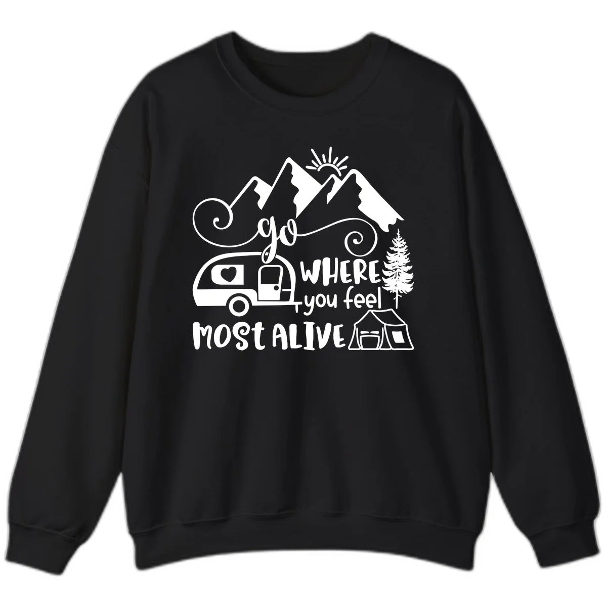 Line art design with mountains, camper van, tent and pine tree with text 'go where you feel most alive' celebrating nomadic camping lifestyle in Black