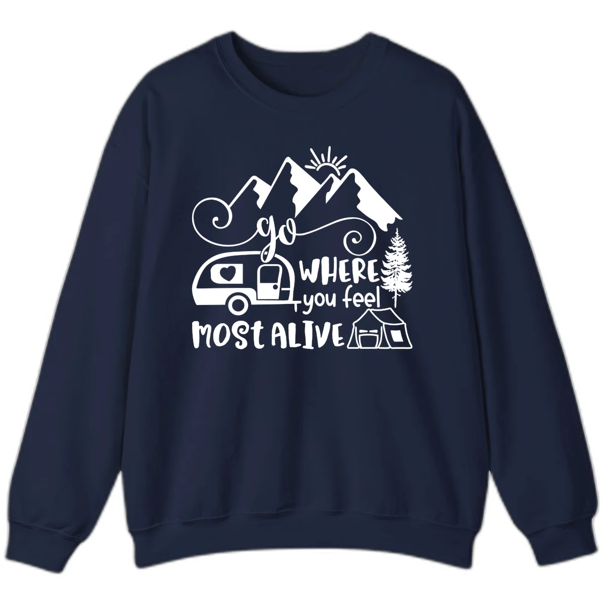 Line art design with mountains, camper van, tent and pine tree with text 'go where you feel most alive' celebrating nomadic camping lifestyle in Navy
