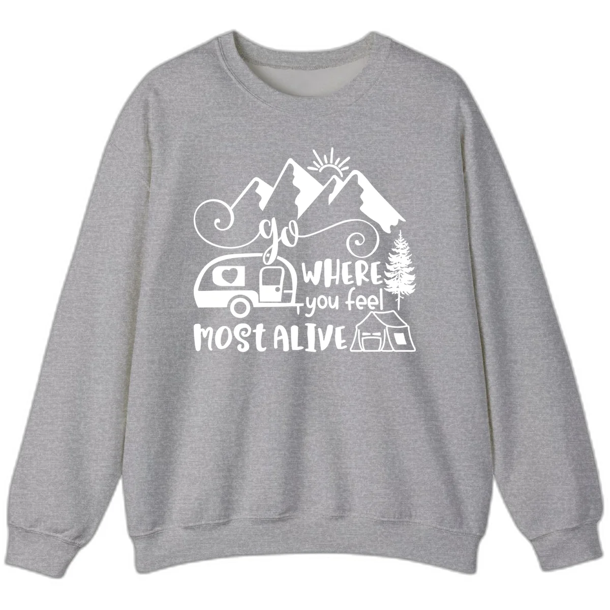 Line art design with mountains, camper van, tent and pine tree with text 'go where you feel most alive' celebrating nomadic camping lifestyle in Sport Grey