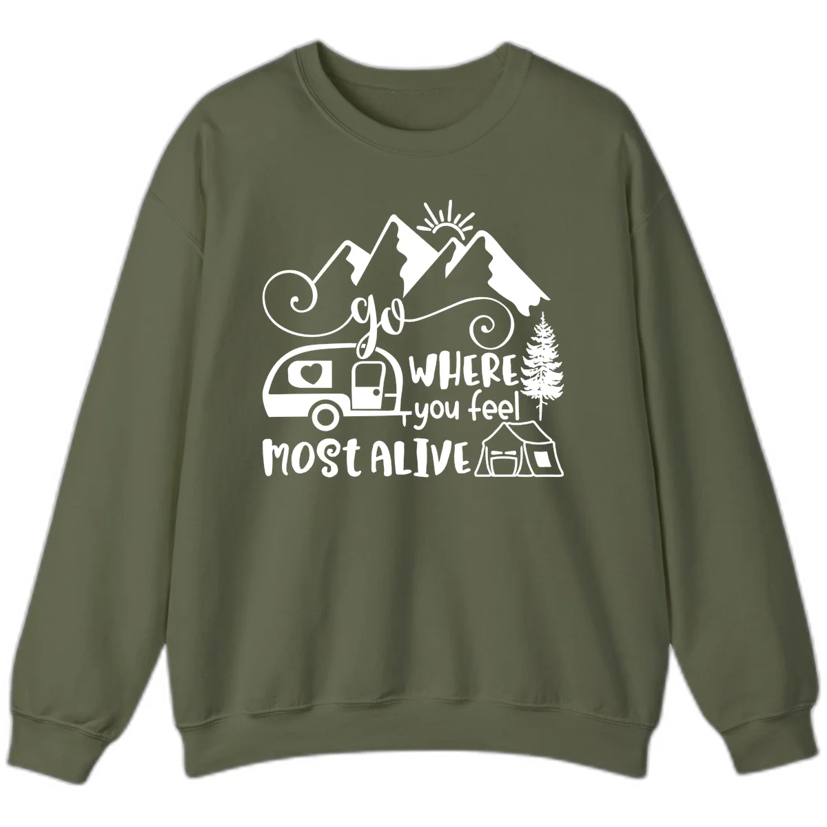 Line art design with mountains, camper van, tent and pine tree with text 'go where you feel most alive' celebrating nomadic camping lifestyle in Military Green