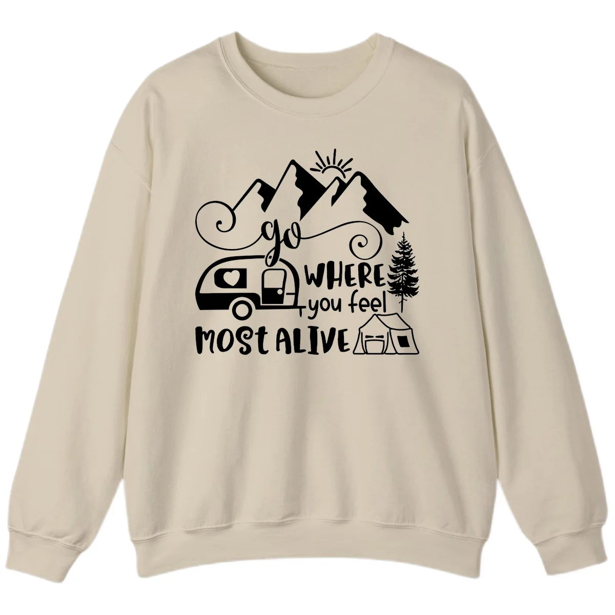 Line art design with mountains, camper van, tent and pine tree with text 'go where you feel most alive' celebrating nomadic camping lifestyle in Sand