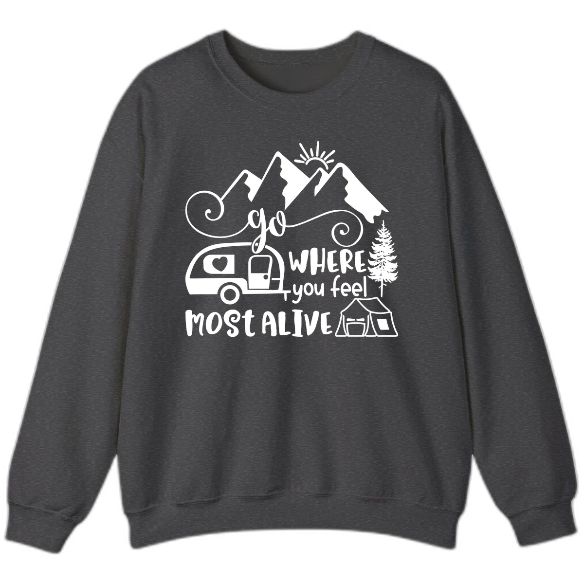 Line art design with mountains, camper van, tent and pine tree with text 'go where you feel most alive' celebrating nomadic camping lifestyle in Dark Heather