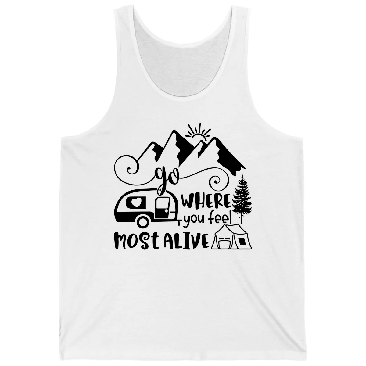 Line art design with mountains, camper van, tent and pine tree with text 'go where you feel most alive' celebrating nomadic camping lifestyle in White