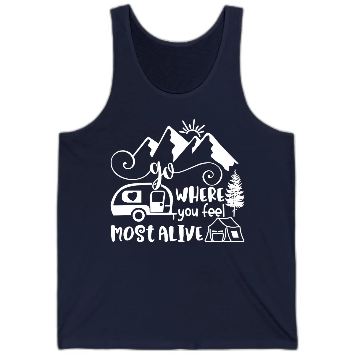 Line art design with mountains, camper van, tent and pine tree with text 'go where you feel most alive' celebrating nomadic camping lifestyle in Navy