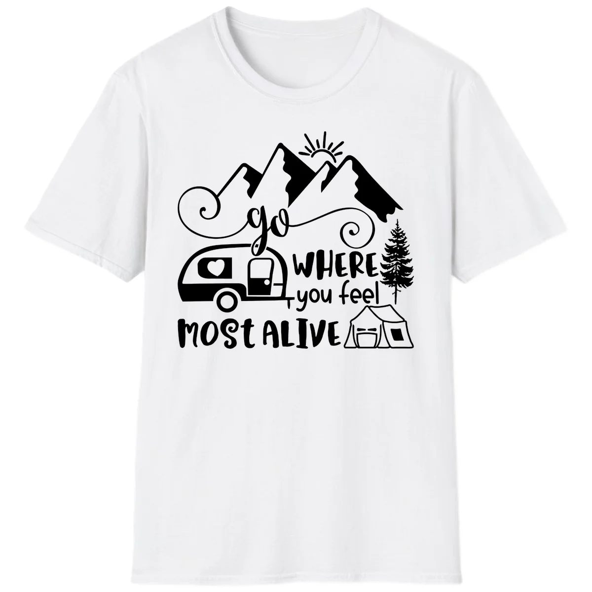 Line art design with mountains, camper van, tent and pine tree with text 'go where you feel most alive' celebrating nomadic camping lifestyle in White