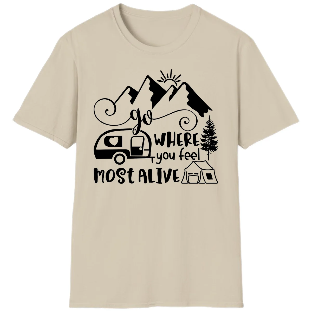 Line art design with mountains, camper van, tent and pine tree with text 'go where you feel most alive' celebrating nomadic camping lifestyle in Sand