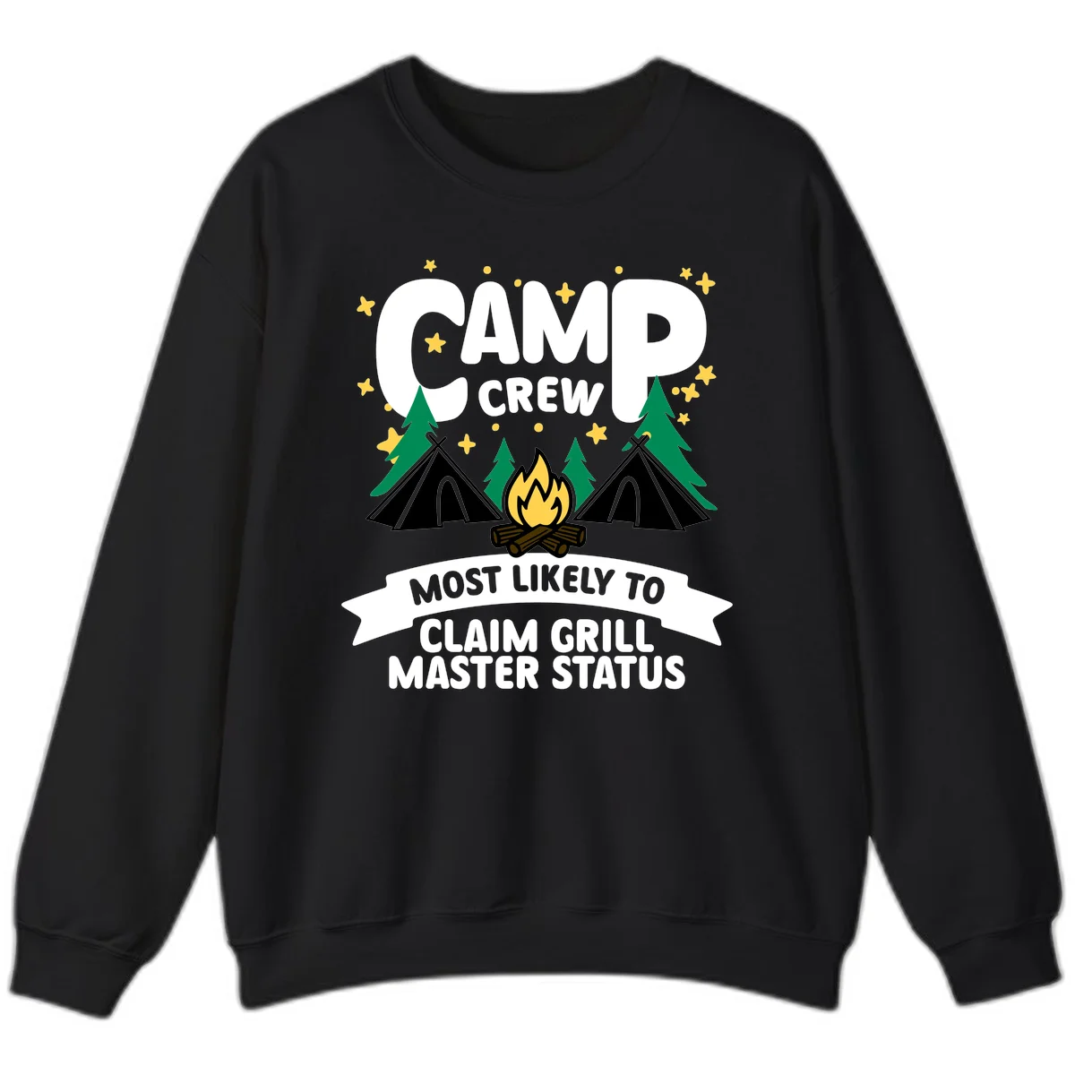 Camping design featuring 'Camp Crew' text with campfire, teepees, and trees, with banner reading 'Most Likely to Claim Grill Master Status' in Black