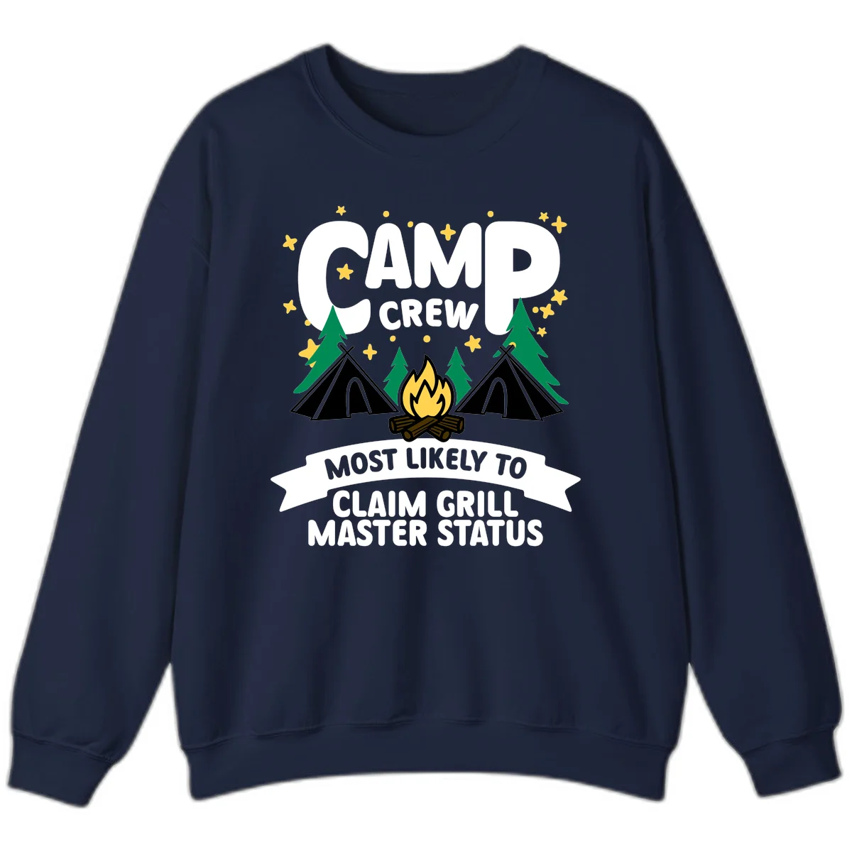 Camping design featuring 'Camp Crew' text with campfire, teepees, and trees, with banner reading 'Most Likely to Claim Grill Master Status' in Navy