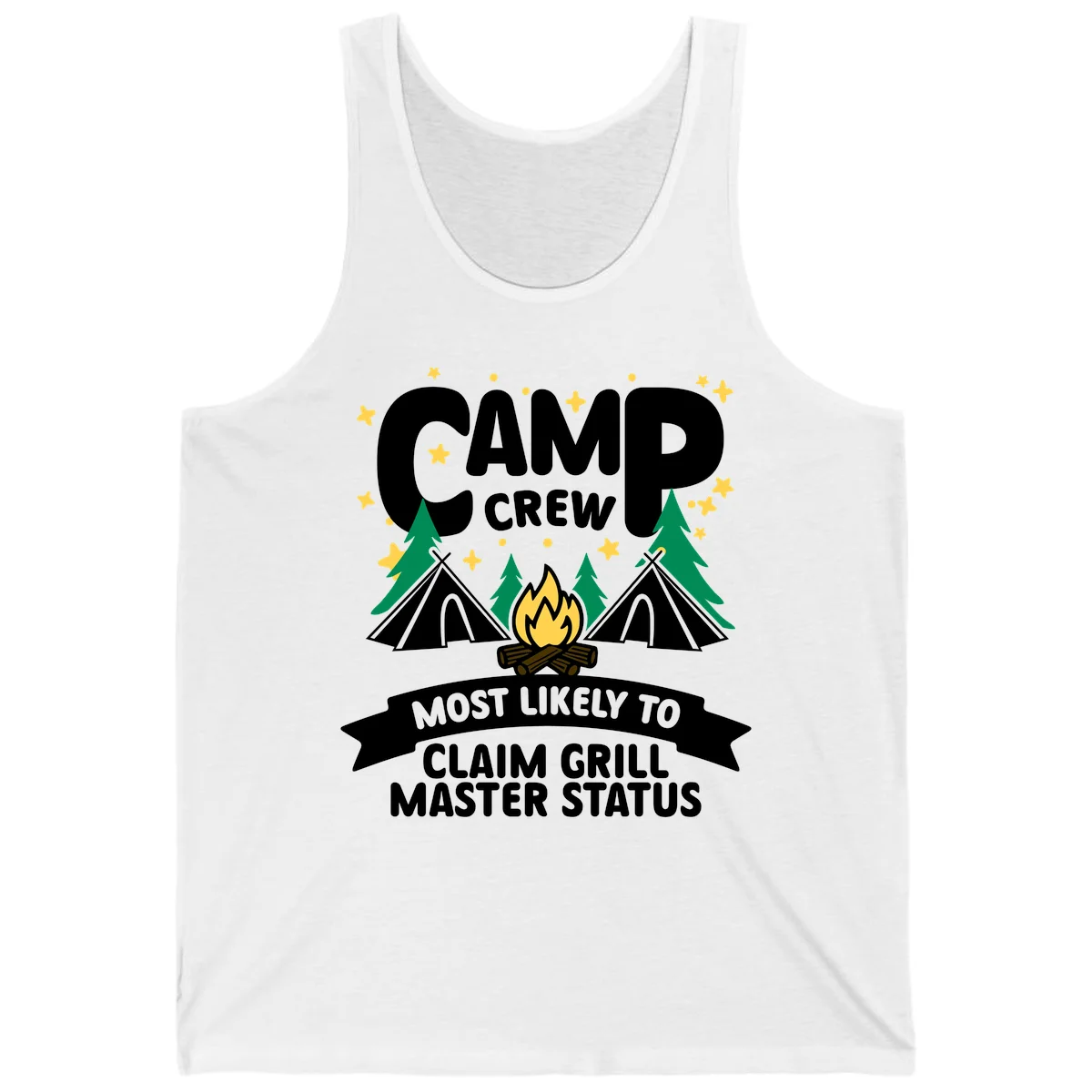 Camping design featuring 'Camp Crew' text with campfire, teepees, and trees, with banner reading 'Most Likely to Claim Grill Master Status' in White