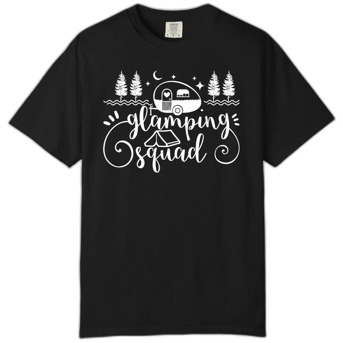 Glamping squad goals design featuring airstream trailer, tent, pine trees, moon and stars with elegant script lettering in Black