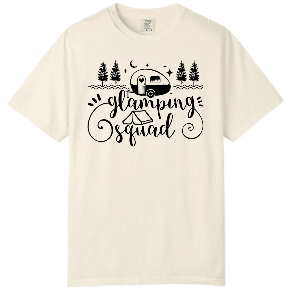 Glamping squad goals design featuring airstream trailer, tent, pine trees, moon and stars with elegant script lettering in Ivory