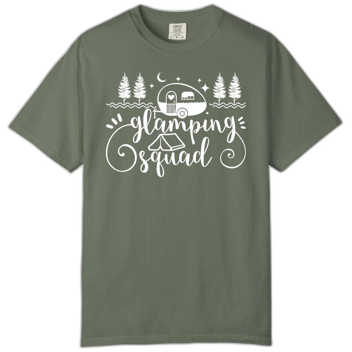 Glamping squad goals design featuring airstream trailer, tent, pine trees, moon and stars with elegant script lettering in Moss