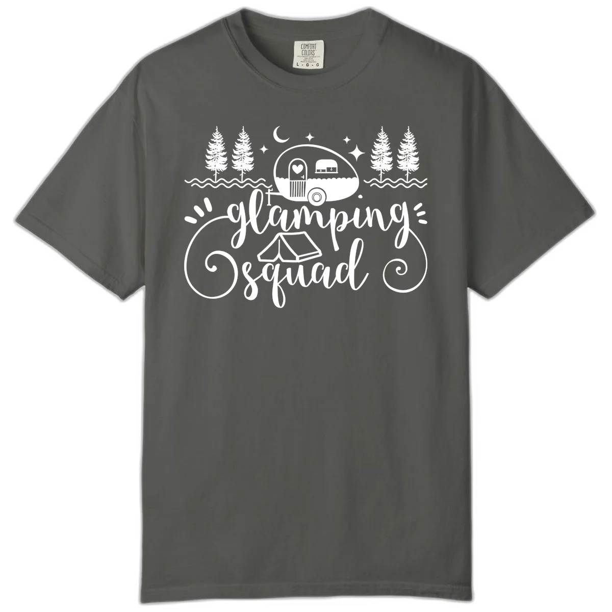 Glamping squad goals design featuring airstream trailer, tent, pine trees, moon and stars with elegant script lettering in Pepper