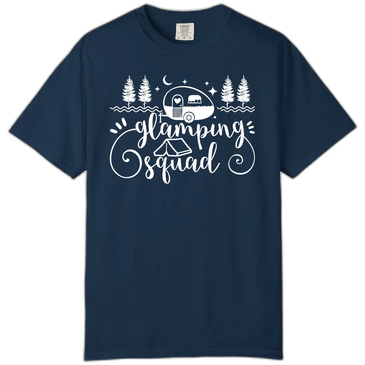 Glamping squad goals design featuring airstream trailer, tent, pine trees, moon and stars with elegant script lettering in True Navy