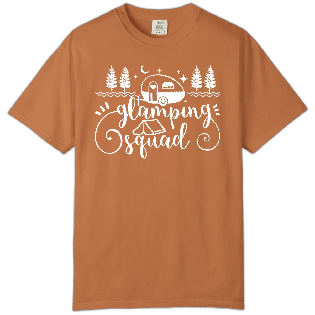 Glamping squad goals design featuring airstream trailer, tent, pine trees, moon and stars with elegant script lettering in Yam