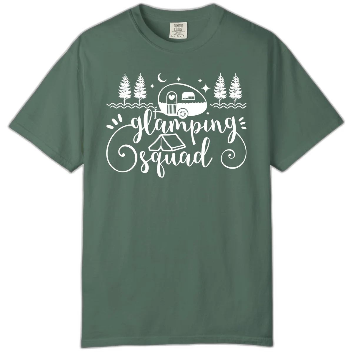 Glamping squad goals design featuring airstream trailer, tent, pine trees, moon and stars with elegant script lettering in Blue Spruce
