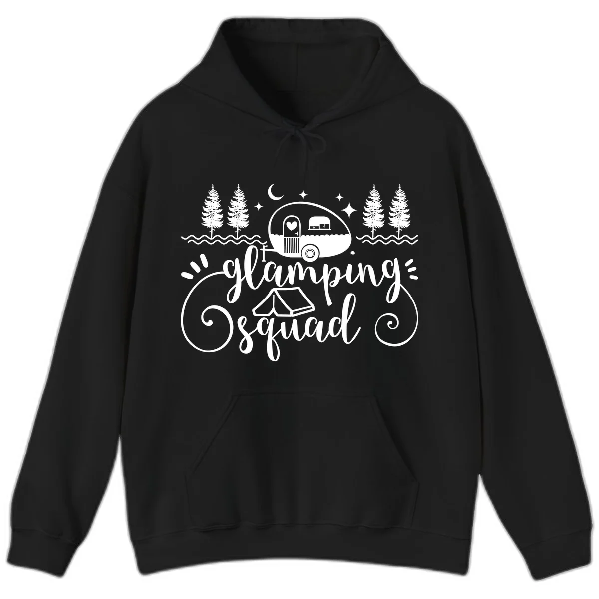 Glamping squad goals design featuring airstream trailer, tent, pine trees, moon and stars with elegant script lettering in Black