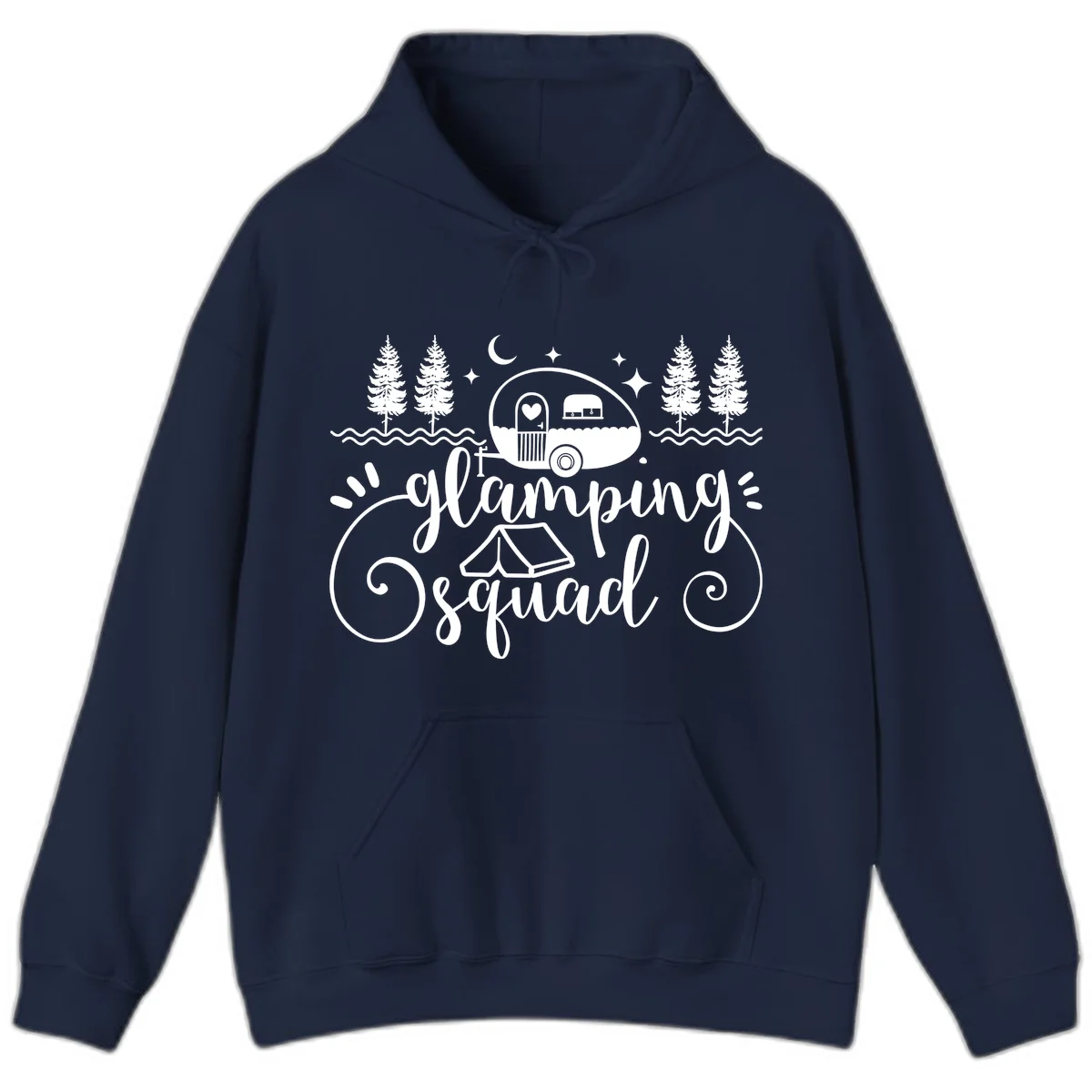 Glamping squad goals design featuring airstream trailer, tent, pine trees, moon and stars with elegant script lettering in Navy