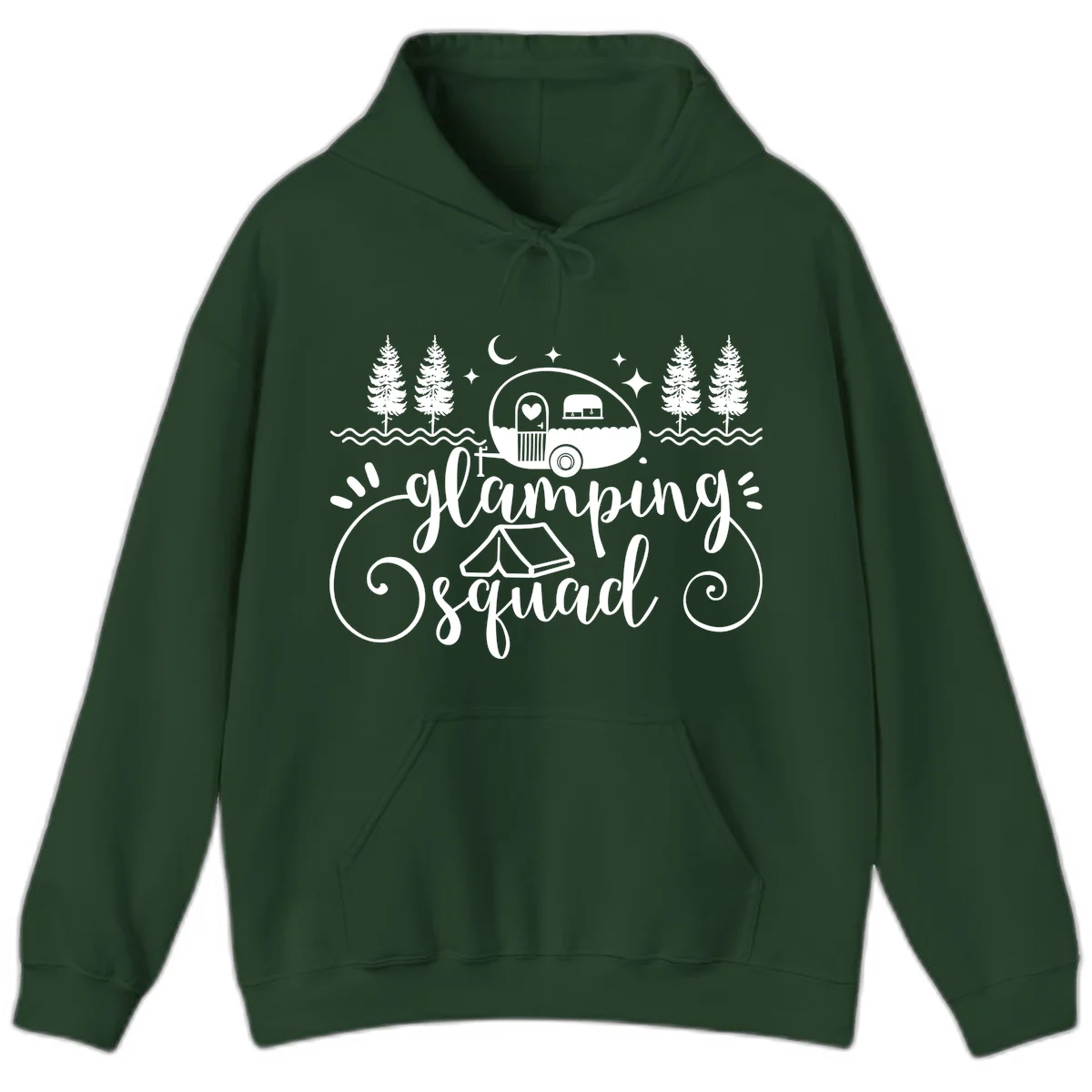 Glamping squad goals design featuring airstream trailer, tent, pine trees, moon and stars with elegant script lettering in Forest Green
