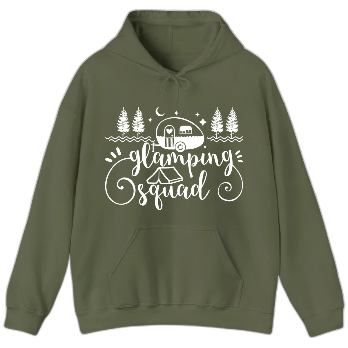 Glamping squad goals design featuring airstream trailer, tent, pine trees, moon and stars with elegant script lettering in Military Green