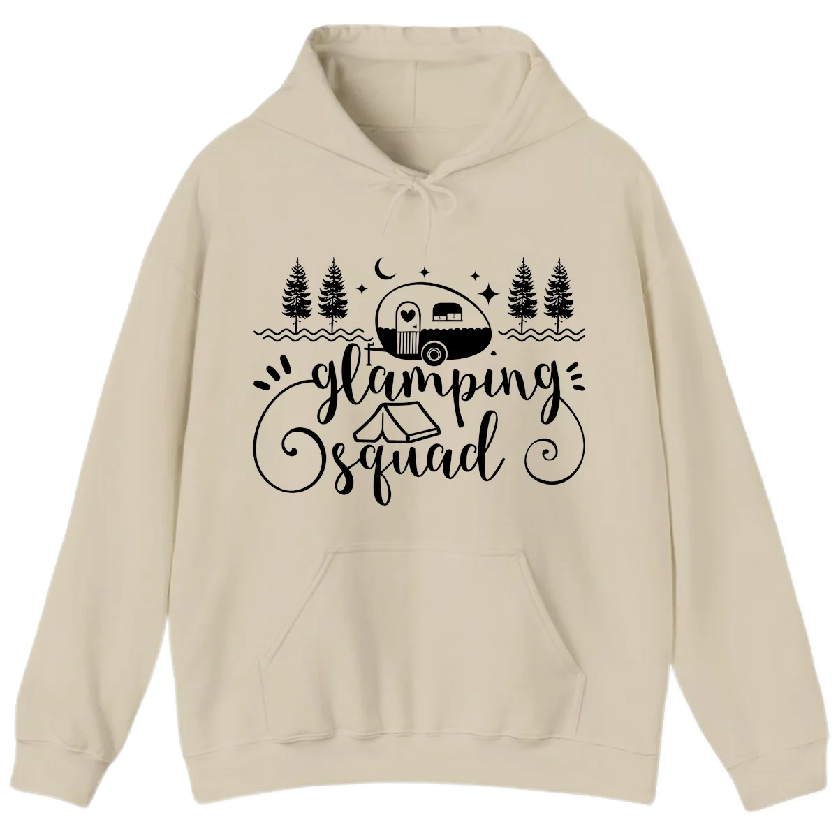 Glamping squad goals design featuring airstream trailer, tent, pine trees, moon and stars with elegant script lettering in Sand