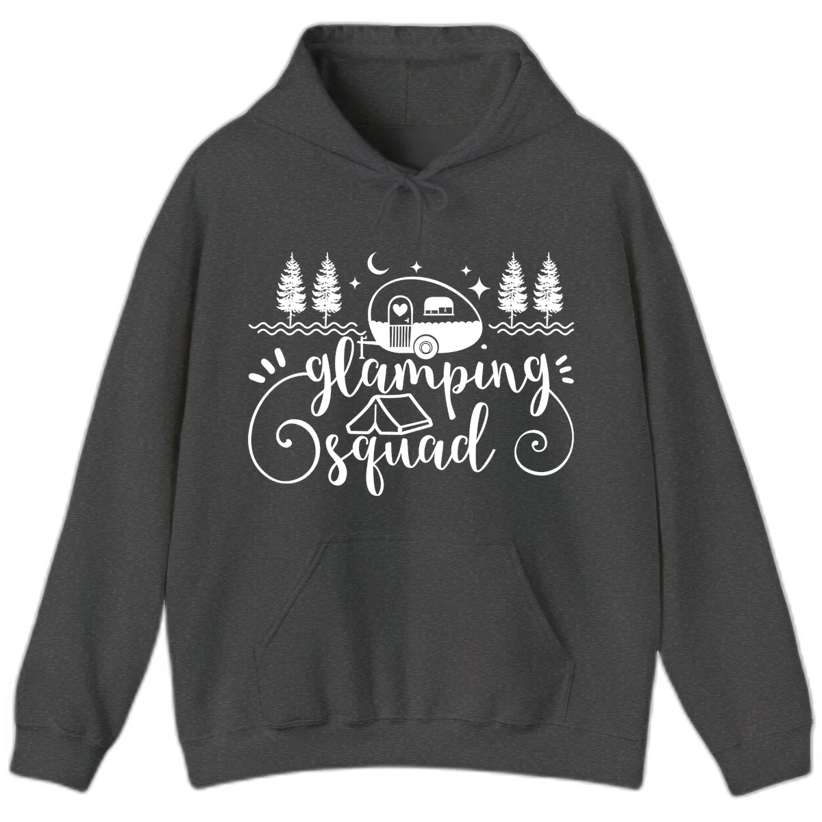 Glamping squad goals design featuring airstream trailer, tent, pine trees, moon and stars with elegant script lettering in Dark Heather