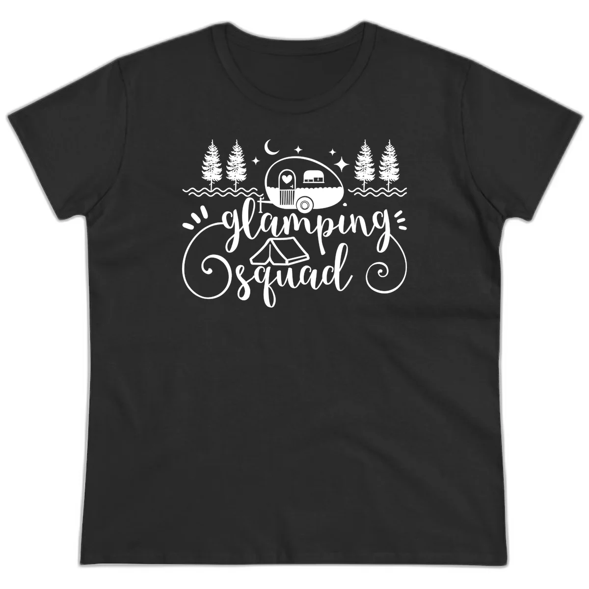 Glamping squad goals design featuring airstream trailer, tent, pine trees, moon and stars with elegant script lettering in Black