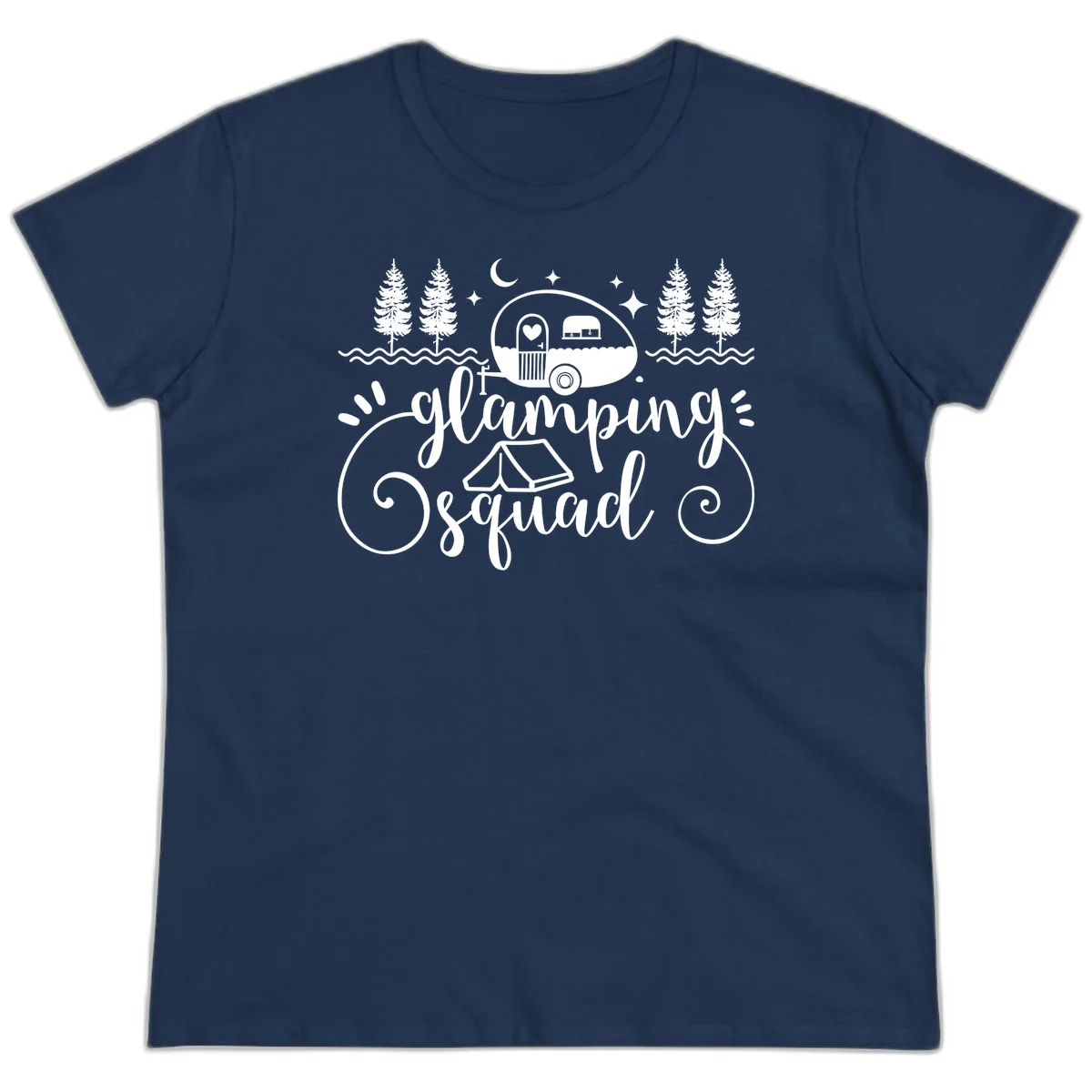 Glamping squad goals design featuring airstream trailer, tent, pine trees, moon and stars with elegant script lettering in Navy