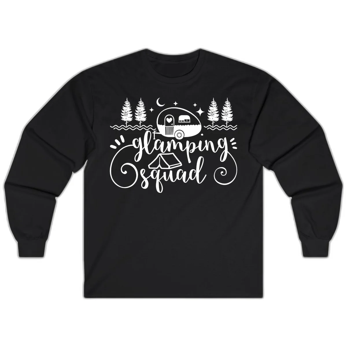 Glamping squad goals design featuring airstream trailer, tent, pine trees, moon and stars with elegant script lettering in Black