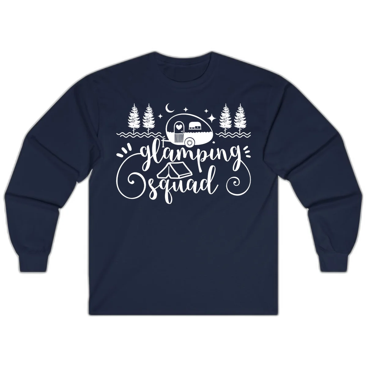 Glamping squad goals design featuring airstream trailer, tent, pine trees, moon and stars with elegant script lettering in Navy