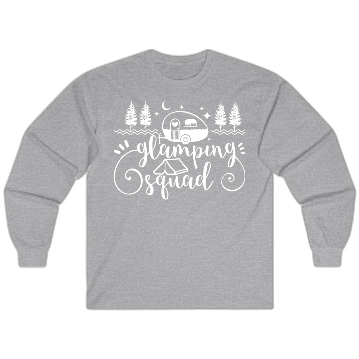 Glamping squad goals design featuring airstream trailer, tent, pine trees, moon and stars with elegant script lettering in Sport Grey