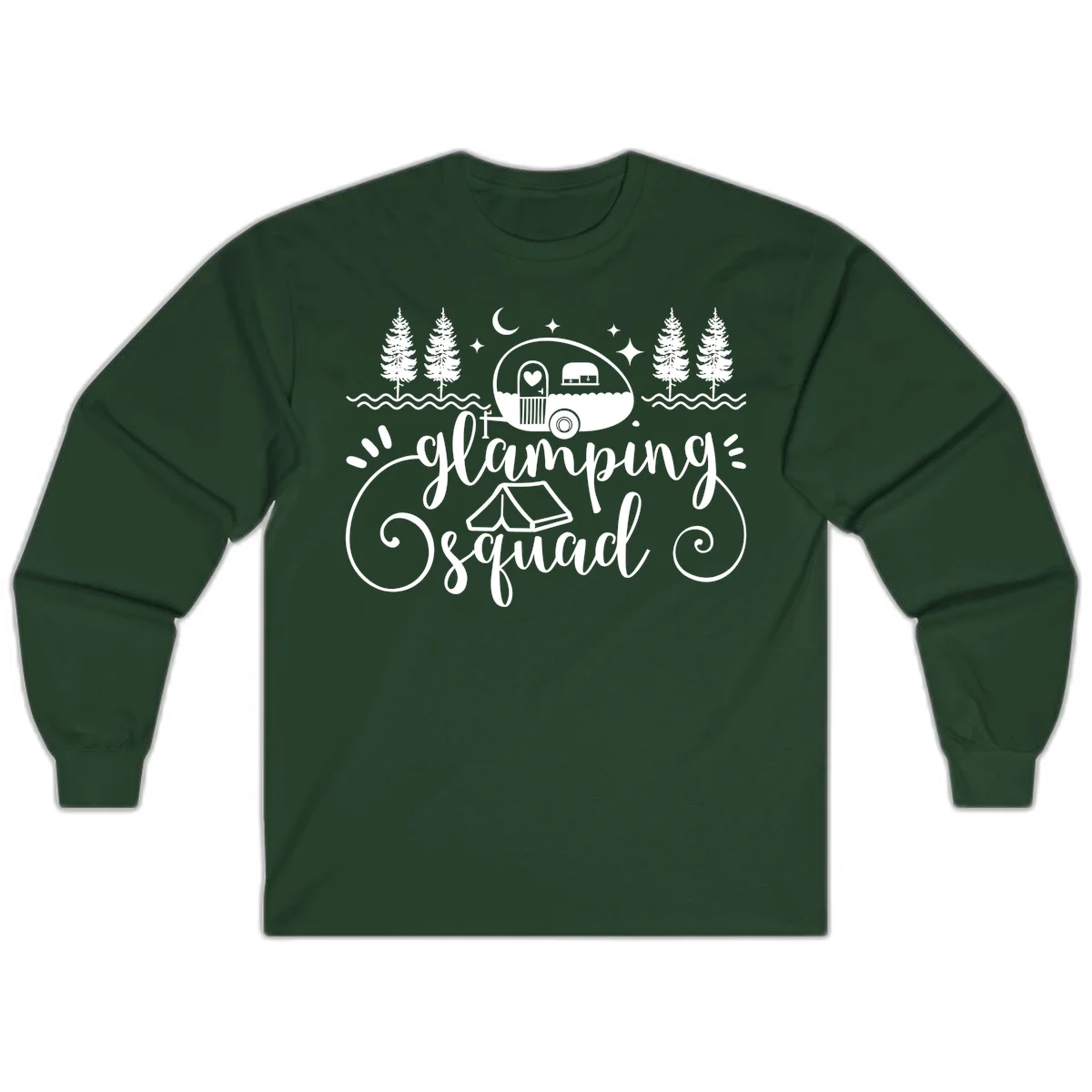 Glamping squad goals design featuring airstream trailer, tent, pine trees, moon and stars with elegant script lettering in Forest Green