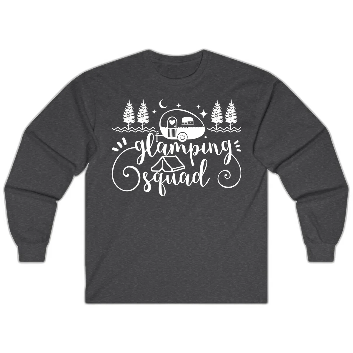 Glamping squad goals design featuring airstream trailer, tent, pine trees, moon and stars with elegant script lettering in Dark Heather