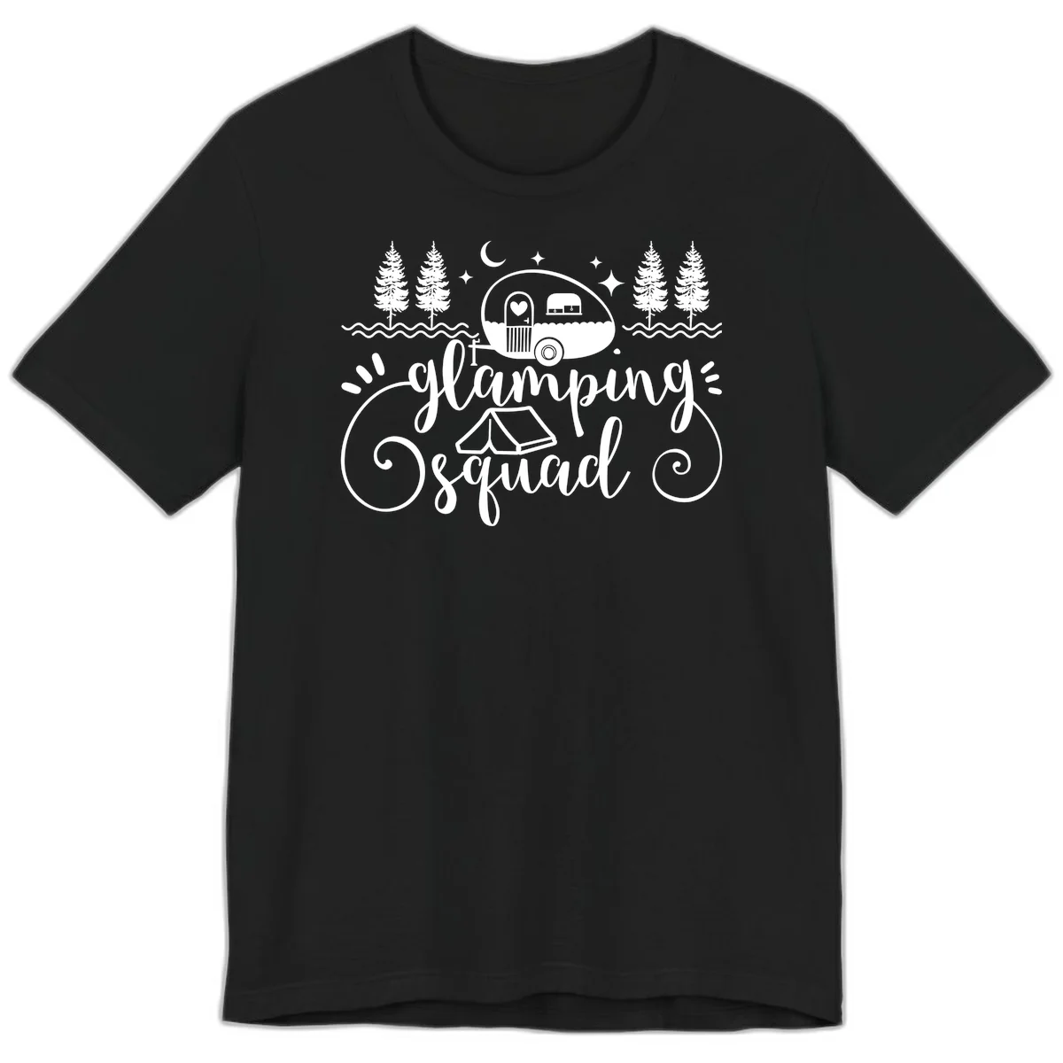 Glamping squad goals design featuring airstream trailer, tent, pine trees, moon and stars with elegant script lettering in Black