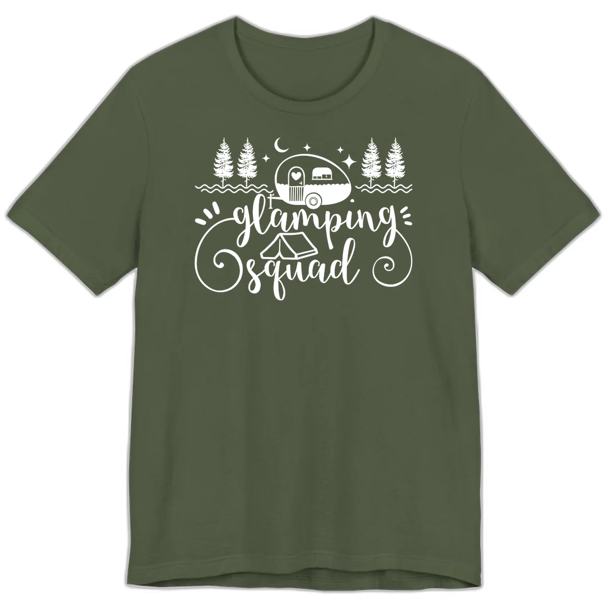 Glamping squad goals design featuring airstream trailer, tent, pine trees, moon and stars with elegant script lettering in Military Green