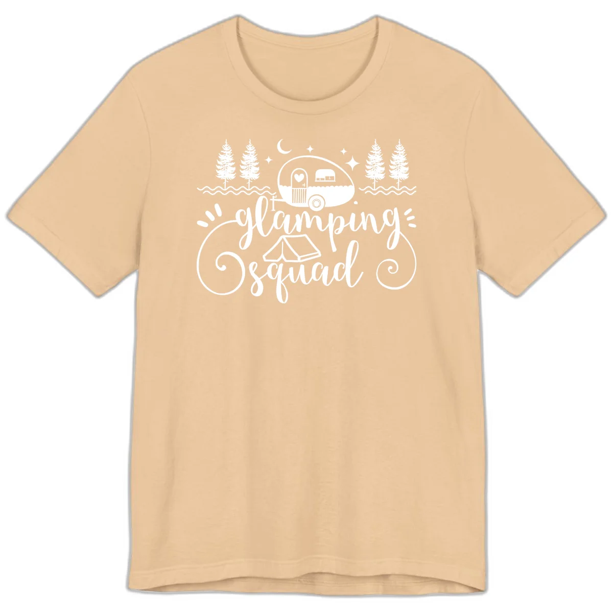 Glamping squad goals design featuring airstream trailer, tent, pine trees, moon and stars with elegant script lettering in Sand Dune