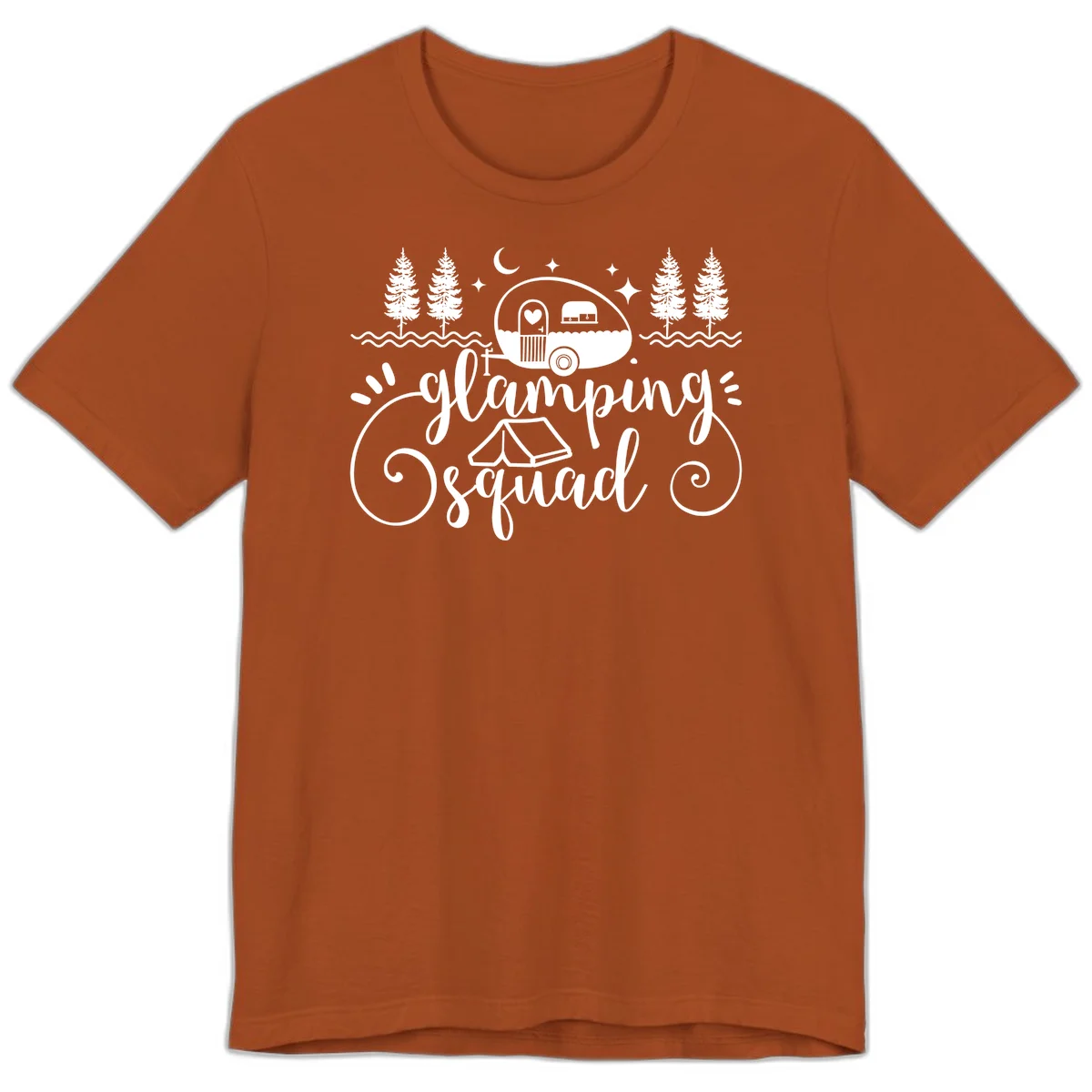 Glamping squad goals design featuring airstream trailer, tent, pine trees, moon and stars with elegant script lettering in Autumn