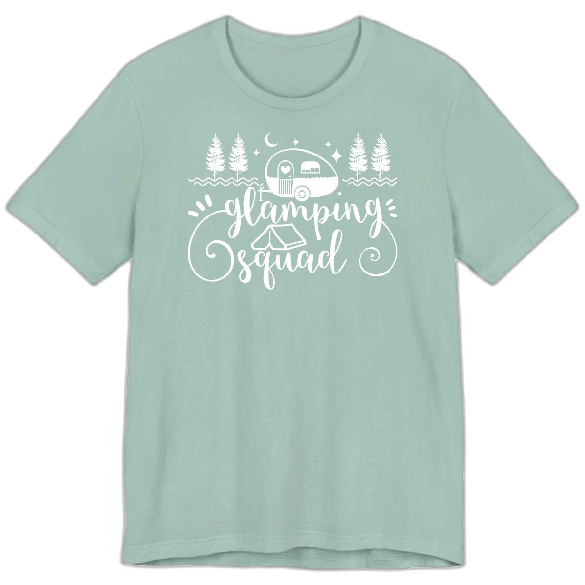 Glamping squad goals design featuring airstream trailer, tent, pine trees, moon and stars with elegant script lettering in Dusty Blue
