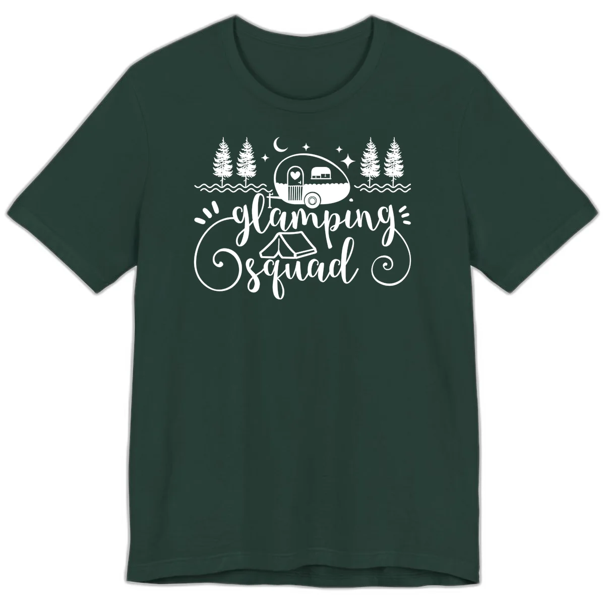 Glamping squad goals design featuring airstream trailer, tent, pine trees, moon and stars with elegant script lettering in Forest