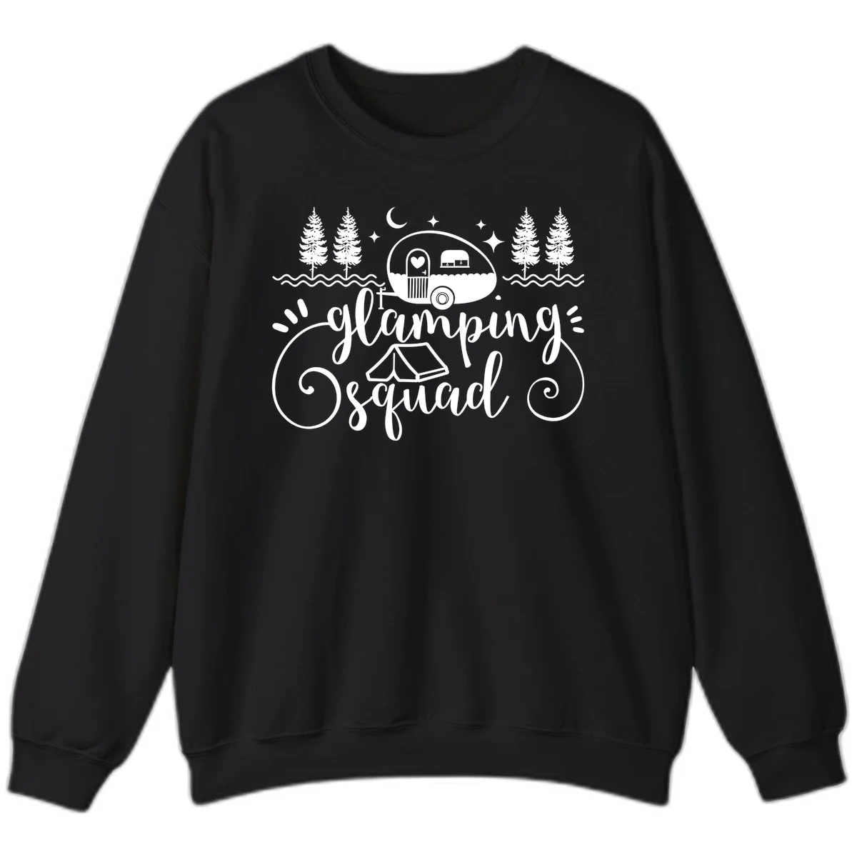 Glamping squad goals design featuring airstream trailer, tent, pine trees, moon and stars with elegant script lettering in Black