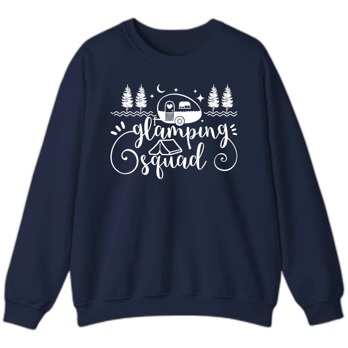 Glamping squad goals design featuring airstream trailer, tent, pine trees, moon and stars with elegant script lettering in Navy