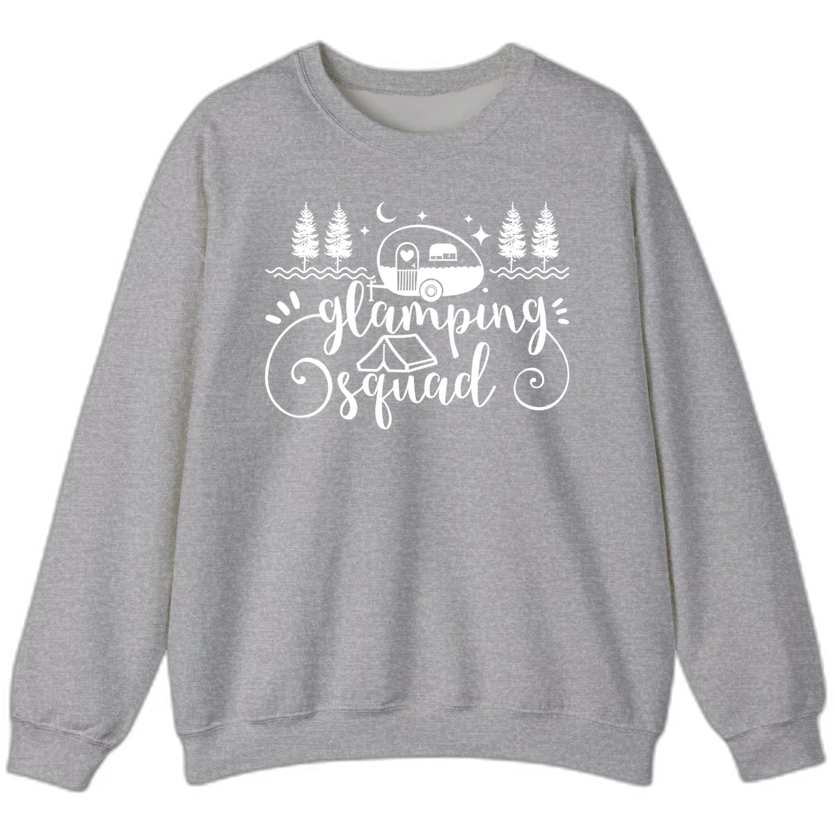 Glamping squad goals design featuring airstream trailer, tent, pine trees, moon and stars with elegant script lettering in Sport Grey