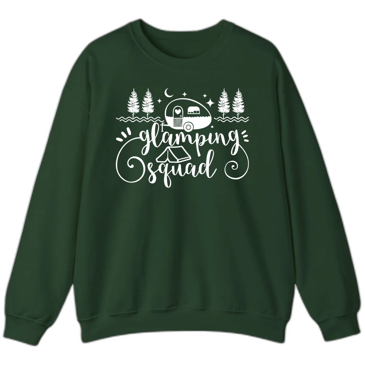 Glamping squad goals design featuring airstream trailer, tent, pine trees, moon and stars with elegant script lettering in Forest Green