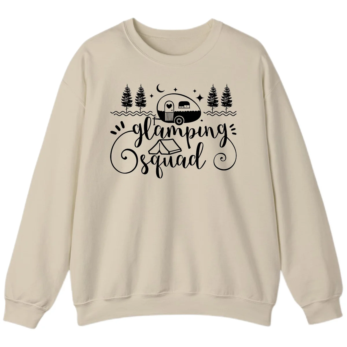 Glamping squad goals design featuring airstream trailer, tent, pine trees, moon and stars with elegant script lettering in Sand
