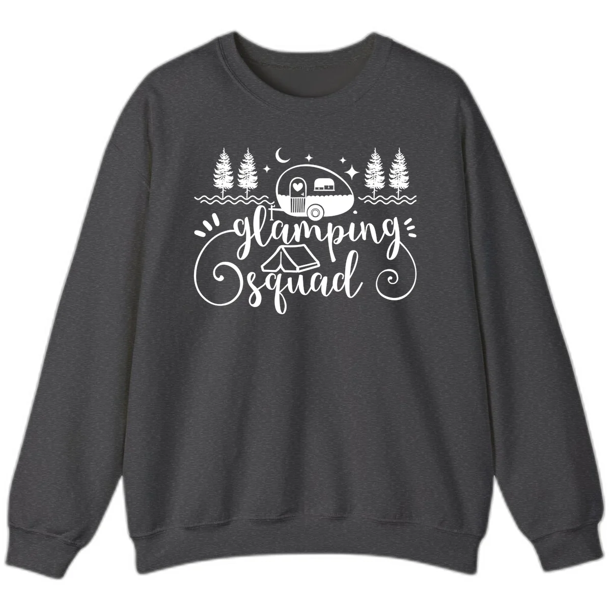 Glamping squad goals design featuring airstream trailer, tent, pine trees, moon and stars with elegant script lettering in Dark Heather